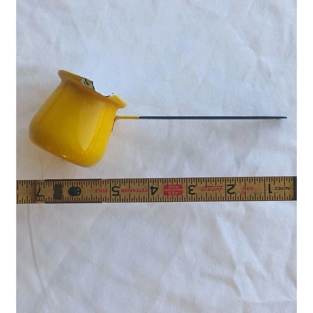 Vtg Butter Warmer Melter Coffee Milk Ladle Enamelware Yellow Primitive Stove Pot
